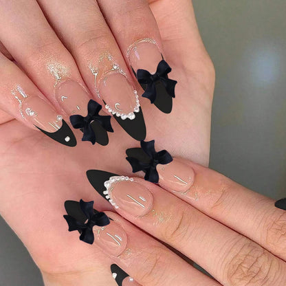24PCS- Coffin nail plate, 3D 3D pink bow, pink flower pattern decoration, rhinestone setting, suitable for fashionable girls