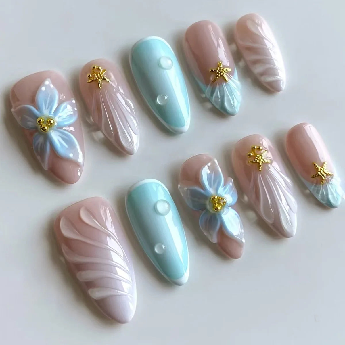 24Pcs Blue Almond Press on Nails with 3D Pearl Design Mid-length Oval False Nails Tips Bow Pattern Wearable Fake Nail for Women