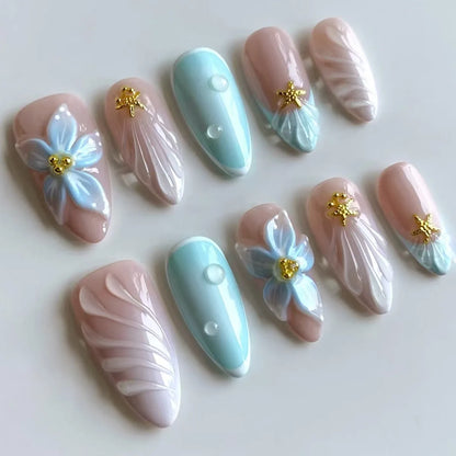 24Pcs Blue Almond Press on Nails with 3D Pearl Design Mid-length Oval False Nails Tips Bow Pattern Wearable Fake Nail for Women