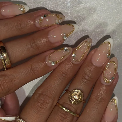 French gold press-on nails 3d almond shaped manicure