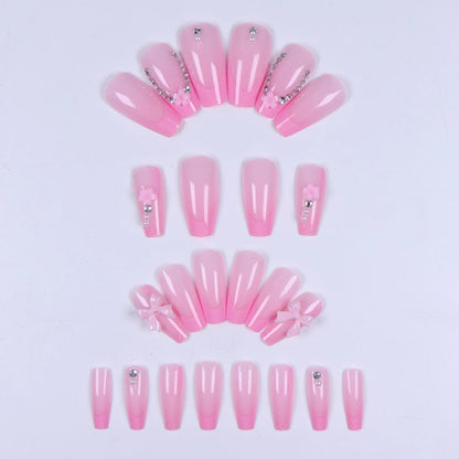 24PCS- Coffin nail plate, 3D 3D pink bow, pink flower pattern decoration, rhinestone setting, suitable for fashionable girls