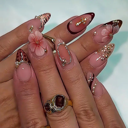 French gold press-on nails 3d almond shaped manicure