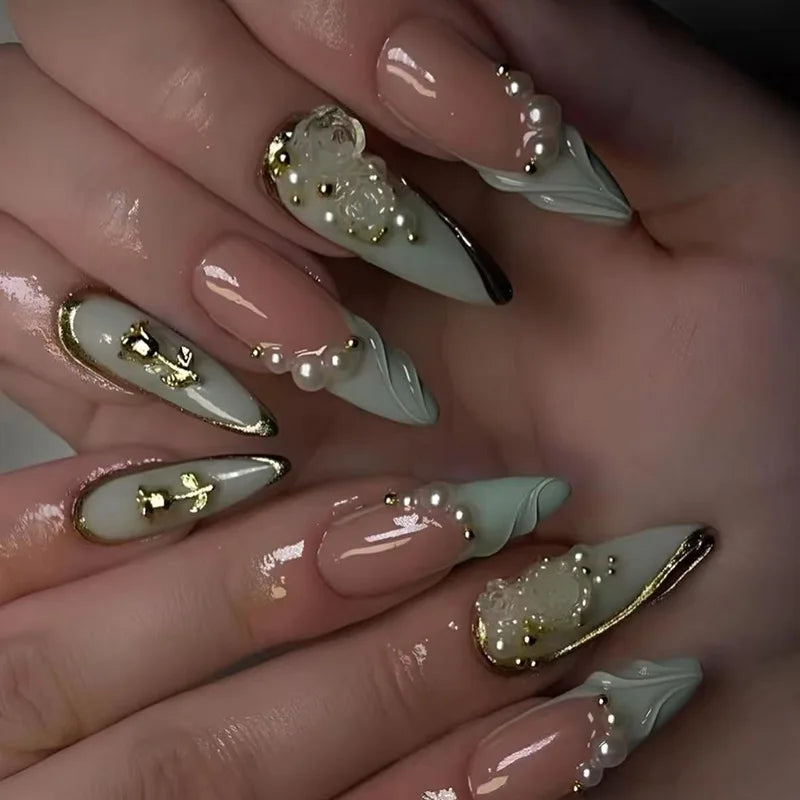24Pcs Blue Almond Press on Nails with 3D Pearl Design Mid-length Oval False Nails Tips Bow Pattern Wearable Fake Nail for Women