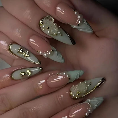 24Pcs Blue Almond Press on Nails with 3D Pearl Design Mid-length Oval False Nails Tips Bow Pattern Wearable Fake Nail for Women