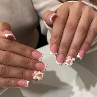 24PCS- Coffin nail plate, 3D 3D pink bow, pink flower pattern decoration, rhinestone setting, suitable for fashionable girls