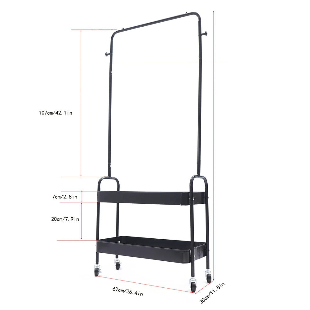 Mobile Clothing Storage Rack Clothing Hanging Rack with 2 Tiers Garment Storage Organizer Stand with Wheels, Black/White/Pink
