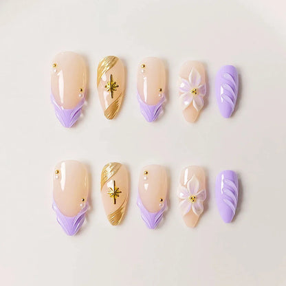 10 handmade almond-shaped press-on nails with purple water ripple design and starburst pattern in a high-end style.
