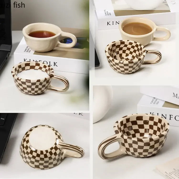 Ceramic Mug Irregular Chessboard Checkered Coffee Mug Milk Mugs Water Cup Drink Cup Juice Cups Household Tea Set Housewear