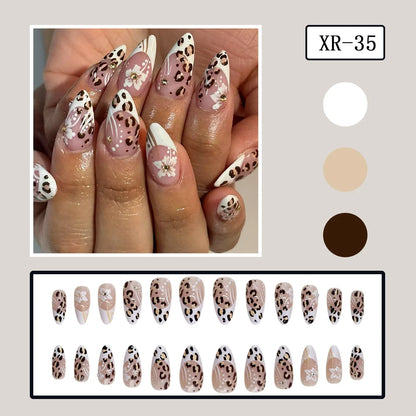 24pcs Pink Leopard Print Fake Nail Tips y2k Spicy Girls French Almond Press on Nail Wearable Detachable Sweet Korean False Nails
