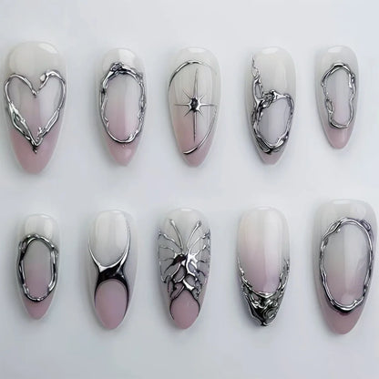24Pcs Blue Almond Press on Nails with 3D Pearl Design Mid-length Oval False Nails Tips Bow Pattern Wearable Fake Nail for Women
