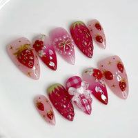 24pcs Ins 3D Bowknots Press On Nails Sweet Strawberry Pink Plaid Almond False Nails With Heart Shape Pearl Decor Fake Nail Tips
