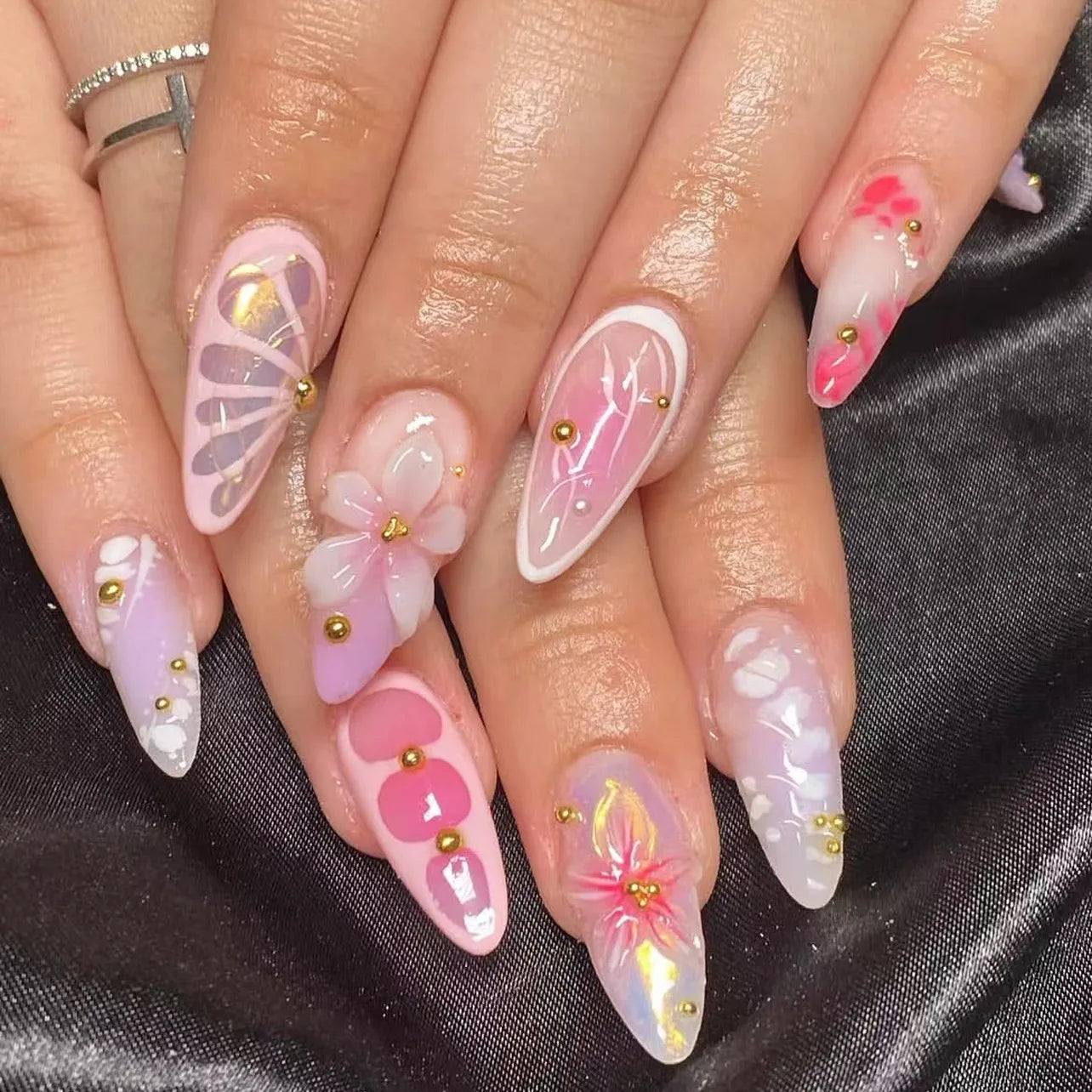 24pcs Fresh Fruit Style Press On Nails Sweet Pink Strawberry Cherry Grape Orange Decors False Nails Ins Korean Almond Fake Nail