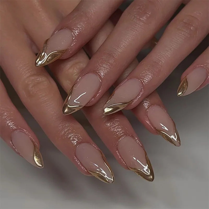 French gold press-on nails 3d almond shaped manicure