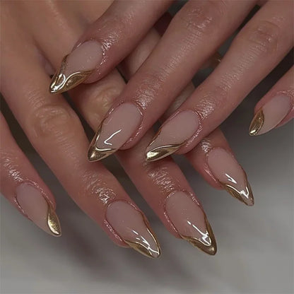 French gold press-on nails 3d almond shaped manicure