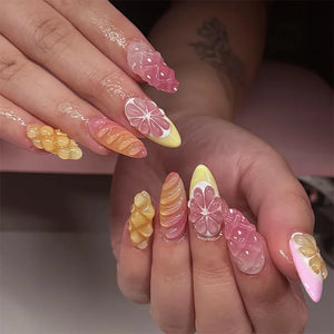 24pcs Fresh Fruit Style Press On Nails Sweet Pink Strawberry Cherry Grape Orange Decors False Nails Ins Korean Almond Fake Nail