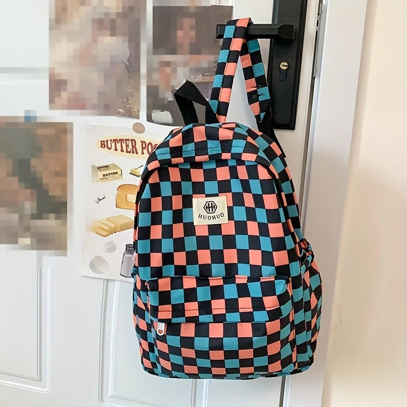 Leisure Backpack, Korean Version, Checkered Contrasting Color Design, Everyday Same-Style Backpack, Casual Simple Backpack for Middle and High School Students