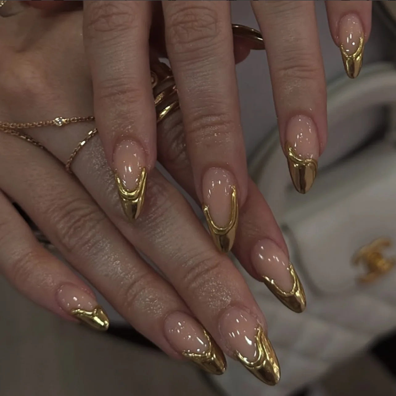 French gold press-on nails 3d almond shaped manicure