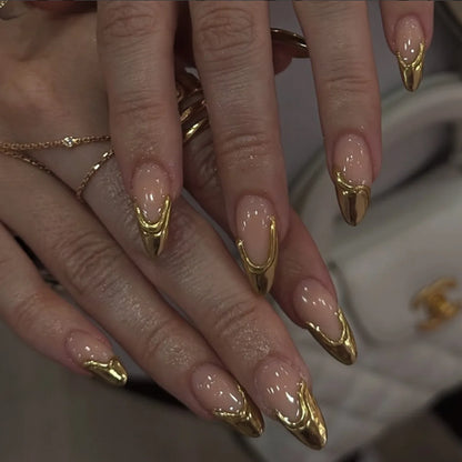 French gold press-on nails 3d almond shaped manicure
