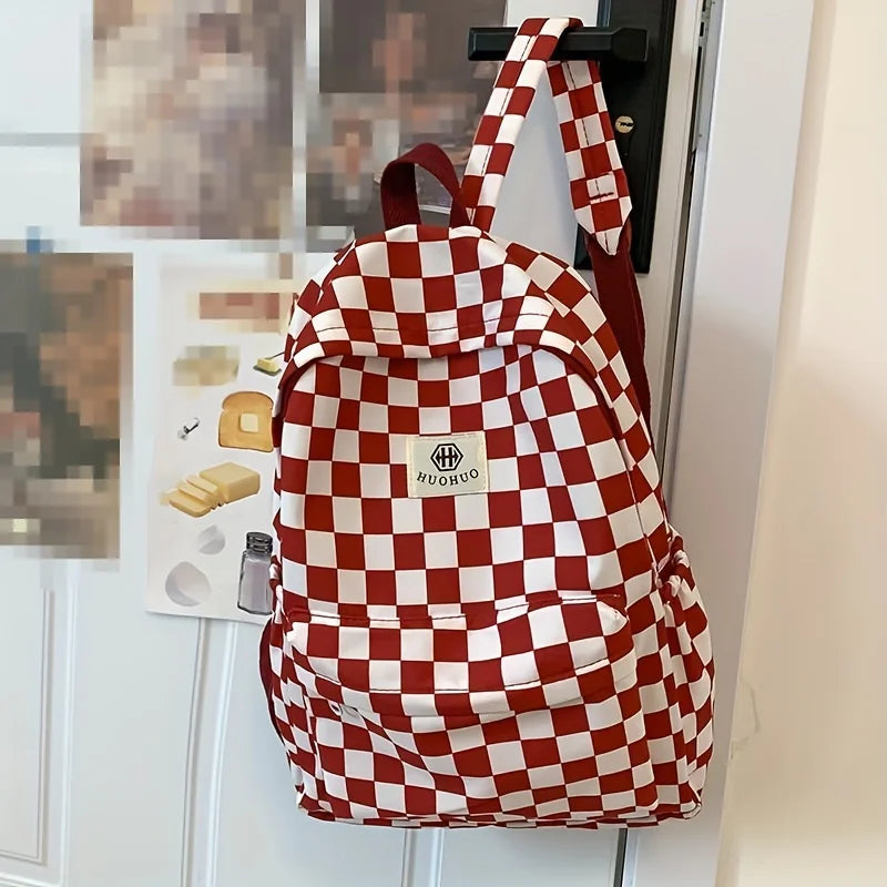 Leisure Backpack, Korean Version, Checkered Contrasting Color Design, Everyday Same-Style Backpack, Casual Simple Backpack for Middle and High School Students
