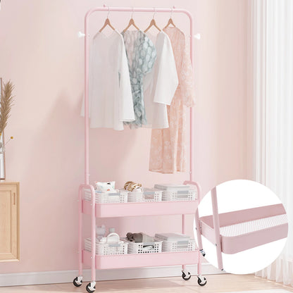 Mobile Clothing Storage Rack Clothing Hanging Rack with 2 Tiers Garment Storage Organizer Stand with Wheels, Black/White/Pink