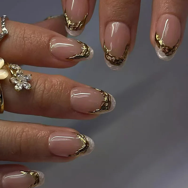French gold press-on nails 3d almond shaped manicure