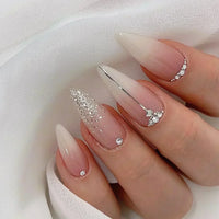 Diamond Veil | 24pcs White Ombré Press-On Nails w/ Rhinestones | Medium Almond
