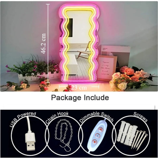 Neon Wall Sign Dimmable Wavy Mirror Neon Lights for Bar Bedroom Home Bathroom Decor Aesthetics Draw Birthday Gifts for Girls