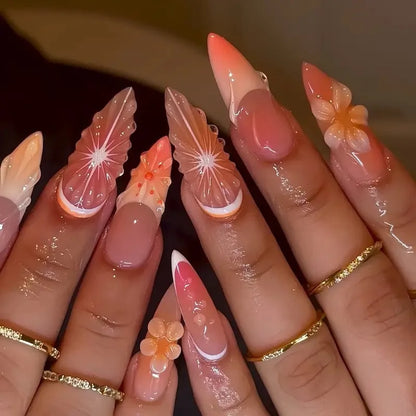 24pcs Fresh Fruit Style Press On Nails Sweet Pink Strawberry Cherry Grape Orange Decors False Nails Ins Korean Almond Fake Nail