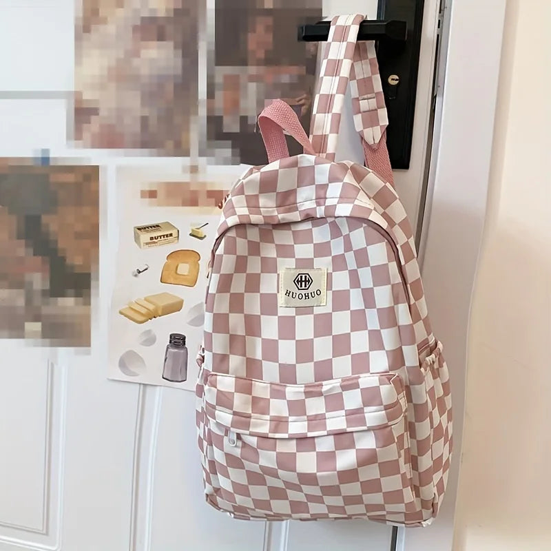 Leisure Backpack, Korean Version, Checkered Contrasting Color Design, Everyday Same-Style Backpack, Casual Simple Backpack for Middle and High School Students
