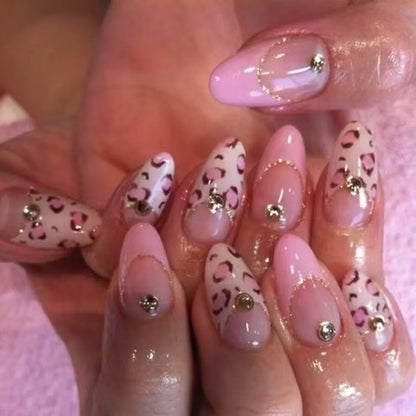 24pcs Pink Leopard Print Fake Nail Tips y2k Spicy Girls French Almond Press on Nail Wearable Detachable Sweet Korean False Nails