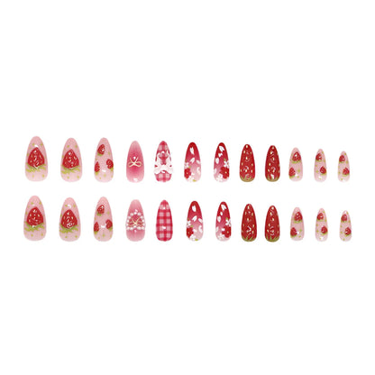 24pcs Ins 3D Bowknots Press On Nails Sweet Strawberry Pink Plaid Almond False Nails With Heart Shape Pearl Decor Fake Nail Tips