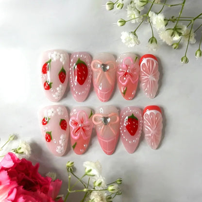 24pcs Ins 3D Bowknots Press On Nails Sweet Strawberry Pink Plaid Almond False Nails With Heart Shape Pearl Decor Fake Nail Tips