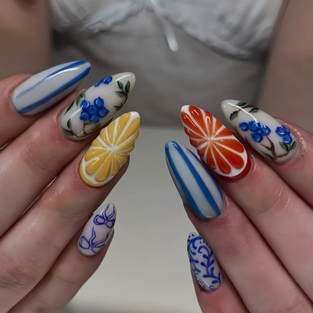 24pcs Fresh Fruit Style Press On Nails Sweet Pink Strawberry Cherry Grape Orange Decors False Nails Ins Korean Almond Fake Nail