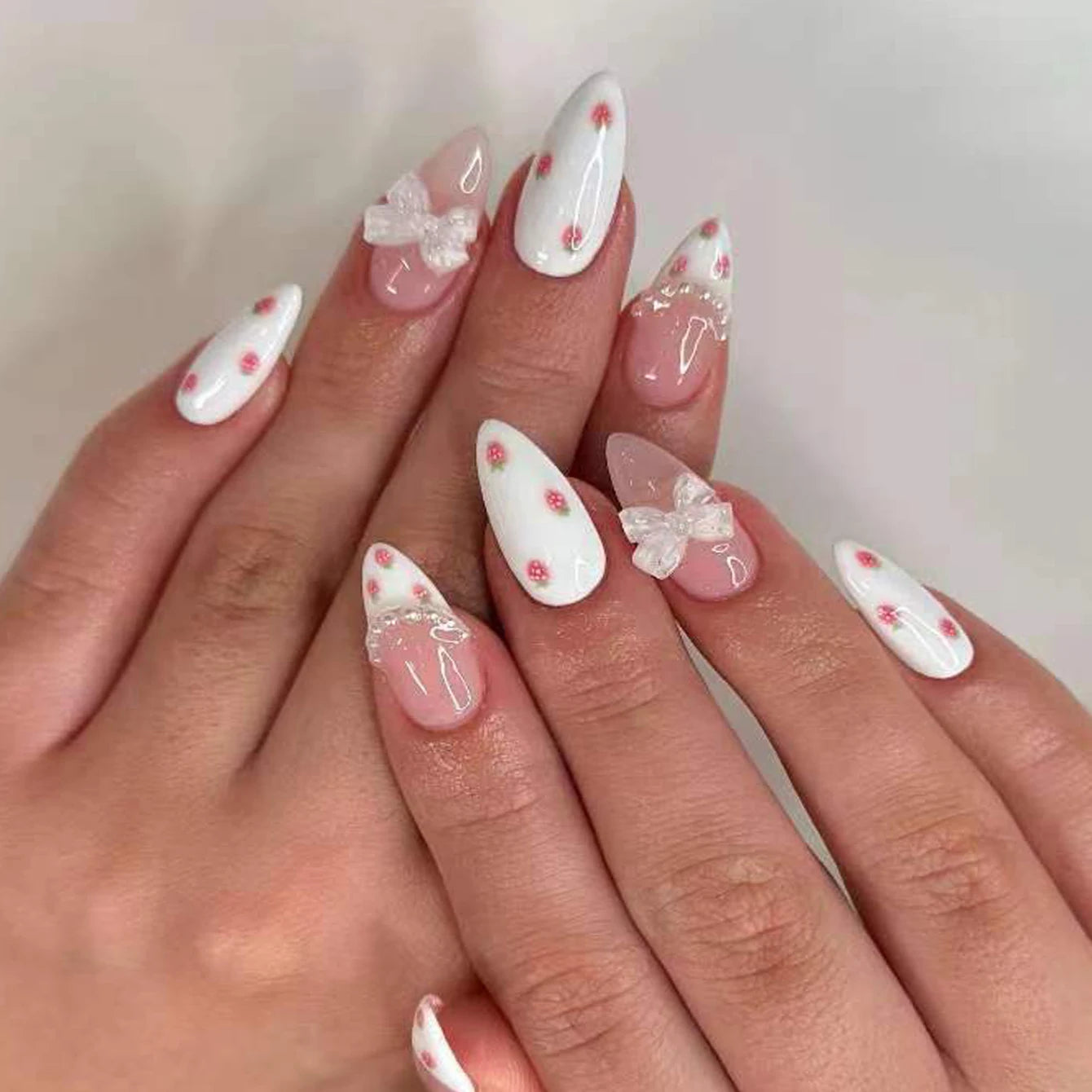 24PCS- Coffin nail plate, 3D 3D pink bow, pink flower pattern decoration, rhinestone setting, suitable for fashionable girls
