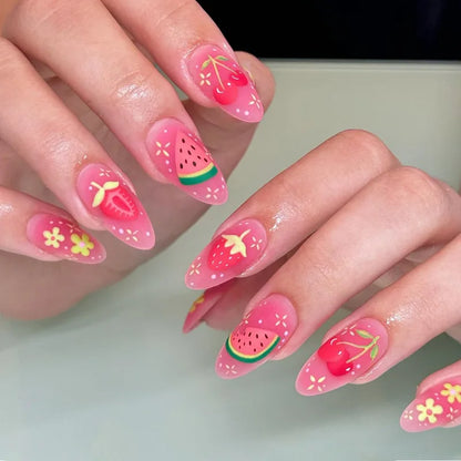 24pcs Fresh Fruit Style Press On Nails Sweet Pink Strawberry Cherry Grape Orange Decors False Nails Ins Korean Almond Fake Nail