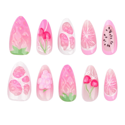 24pcs Fresh Fruit Style Press On Nails Sweet Pink Strawberry Cherry Grape Orange Decors False Nails Ins Korean Almond Fake Nail