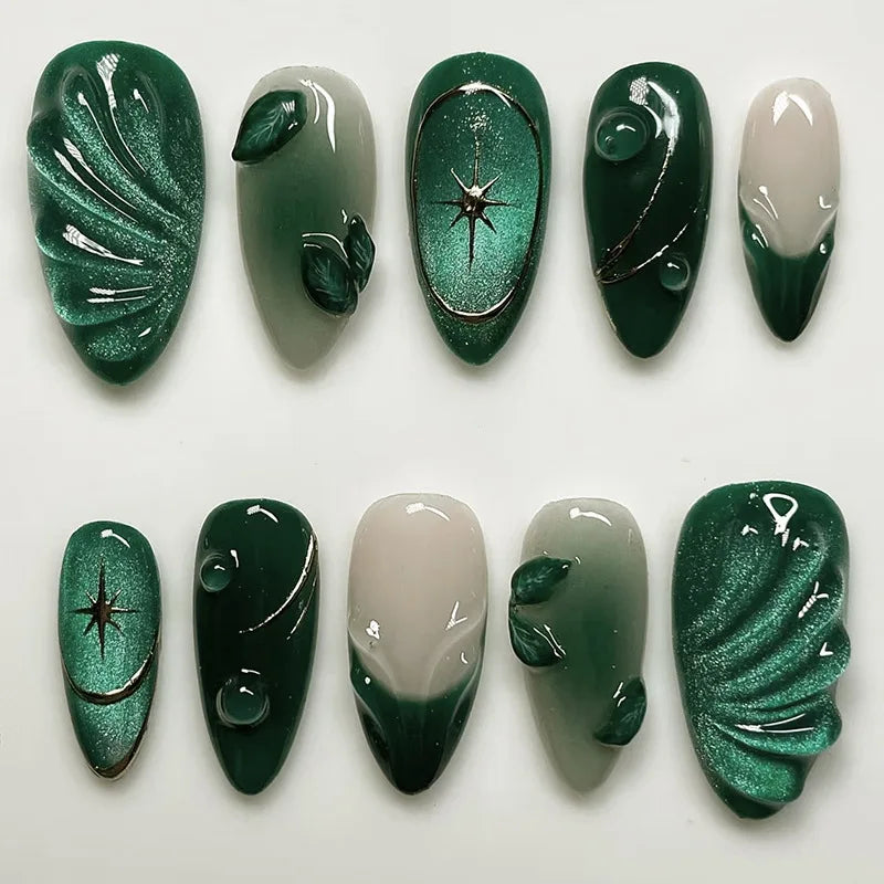 24Pcs Blue Almond Press on Nails with 3D Pearl Design Mid-length Oval False Nails Tips Bow Pattern Wearable Fake Nail for Women
