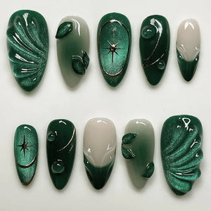 24Pcs Blue Almond Press on Nails with 3D Pearl Design Mid-length Oval False Nails Tips Bow Pattern Wearable Fake Nail for Women