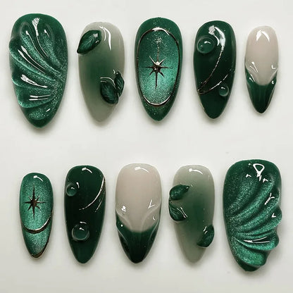 24Pcs Blue Almond Press on Nails with 3D Pearl Design Mid-length Oval False Nails Tips Bow Pattern Wearable Fake Nail for Women