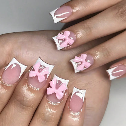 24PCS- Coffin nail plate, 3D 3D pink bow, pink flower pattern decoration, rhinestone setting, suitable for fashionable girls