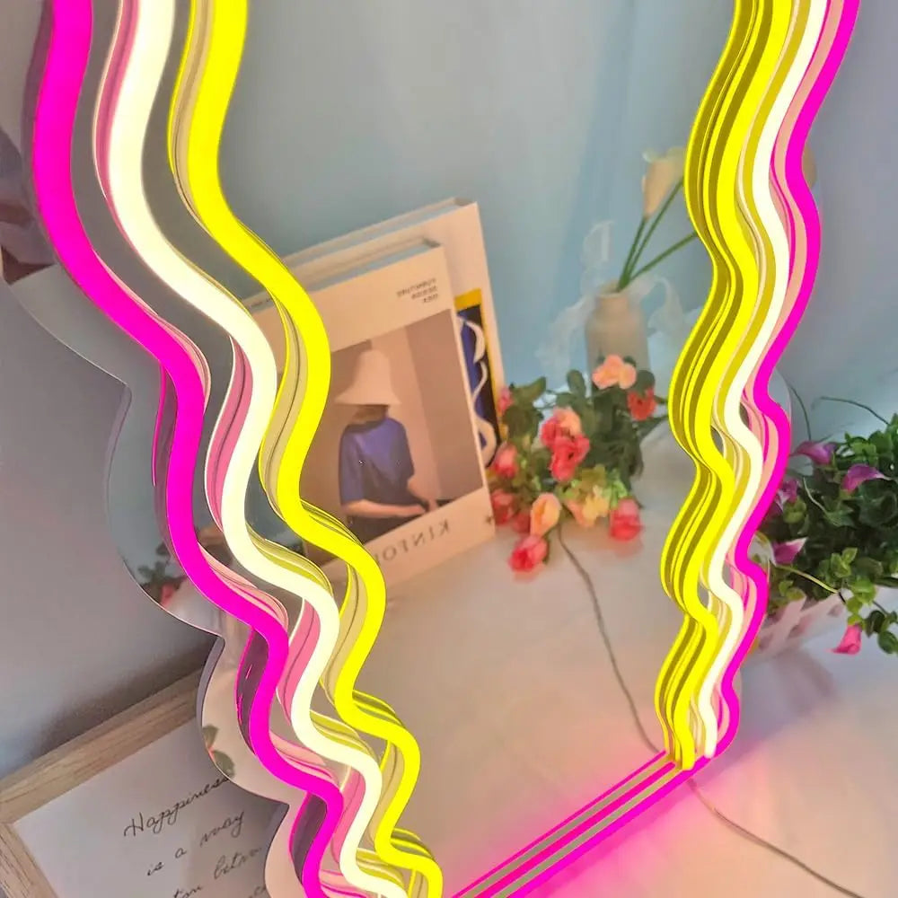 Neon Wall Sign Dimmable Wavy Mirror Neon Lights for Bar Bedroom Home Bathroom Decor Aesthetics Draw Birthday Gifts for Girls