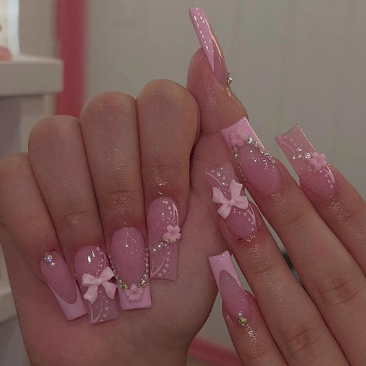 24PCS- Coffin nail plate, 3D 3D pink bow, pink flower pattern decoration, rhinestone setting, suitable for fashionable girls