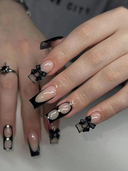 24PCS- Coffin nail plate, 3D 3D pink bow, pink flower pattern decoration, rhinestone setting, suitable for fashionable girls