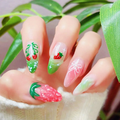 24pcs Fresh Fruit Style Press On Nails Sweet Pink Strawberry Cherry Grape Orange Decors False Nails Ins Korean Almond Fake Nail