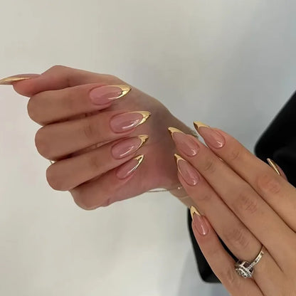 French gold press-on nails 3d almond shaped manicure