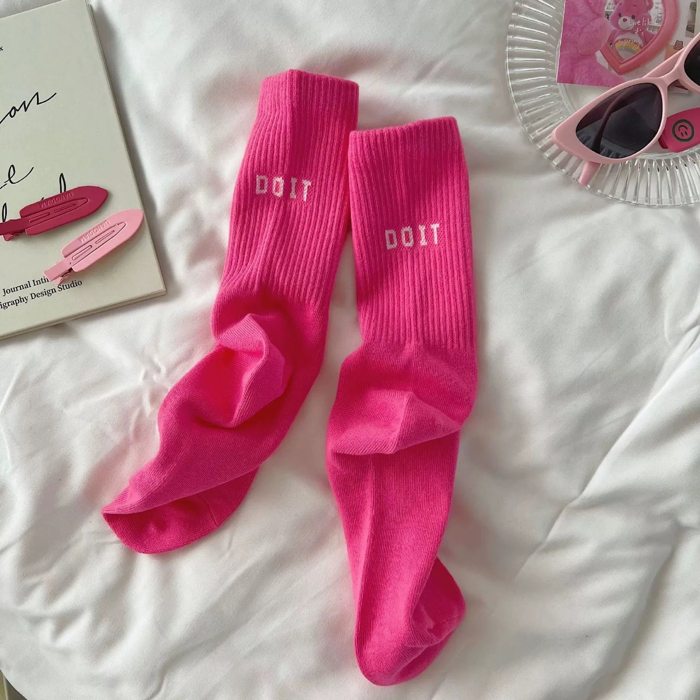 Y2K Pink Letter Sports Mid-Tube Socks